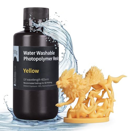 ELEGOO Water Washable 3D Printer Resin LCD UV-Curing Resin 405nm Standard Photopolymer Resin for Mars Saturn Jupiter MSLA DLP LCD 3D Printing 500Gram Yellow ELEGOO