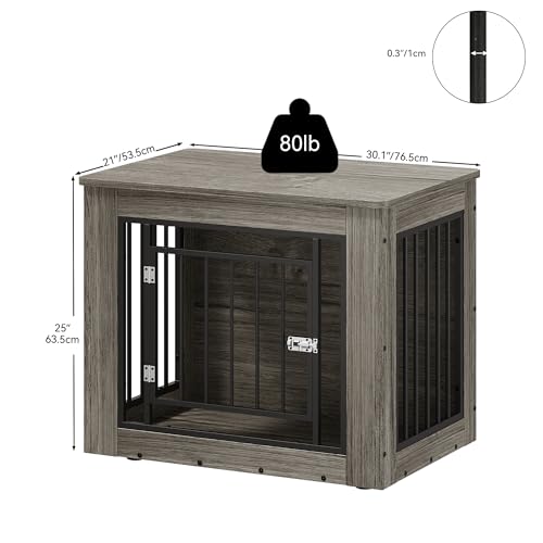 YITAHOME Dog Crate Furniture for Medium Dogs, Side End Table, Modern Dogs Kennel Indoor up to 35 lb, 2-in-1 Iron-Wood Fusion Dog Cage with Waterproof Top, Safety Corners,Steel Lock,30" L,Grei - WoodArtSupply