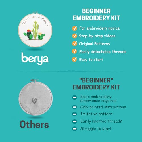 BERYA Cactus Embroidery Kit Including Video Step by Step Instructions Embroidery Hoop,Color Threads and Embroidery Scissors for Beginners-Handmade Needlepoint Kits for Adults