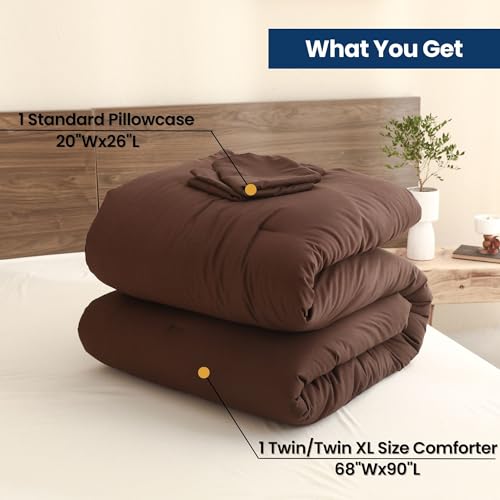 Paxrac Earthy Brown Comforter Twin/Twin XL Size, Neutral 2 Pieces Comforter Set, Lightweight Solid Bedding Set, All Seasons Soft Fluffy King Comforter Set (68x90In Comforter & 1 Pillowcase) Paxrac