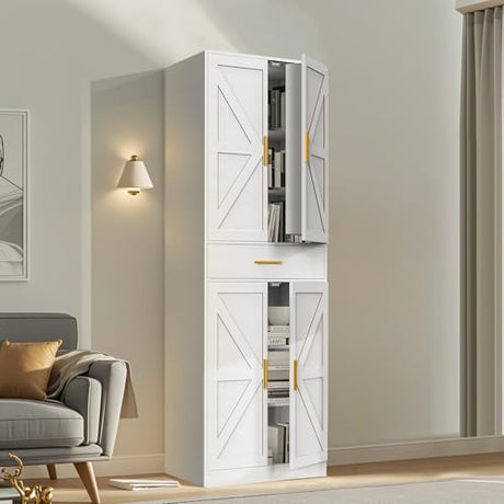 GTFURNI 71" Tall Kitchen Pantry Storage Cabinet with 4 Doors & Drawer, Adjustable Shelves, Farmhouse Cupboard, Freestanding Cabinet with Door Shelves for Dining Room/Living Space, White GTFURNI