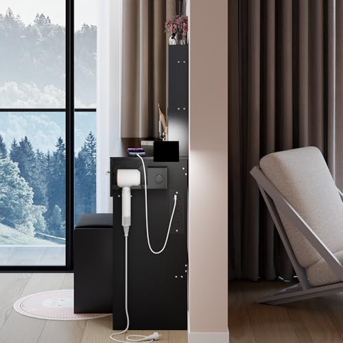 Montary 31.5" Compact Vanity Desk Set with Soft Cushion Stool, 2 AC & 2 USB Power Outlets, Hair Dryer Holder, Large Mirror, Adjustable LED Light, Drawers, Multi - Layer/Hidden Storage, Black Montary