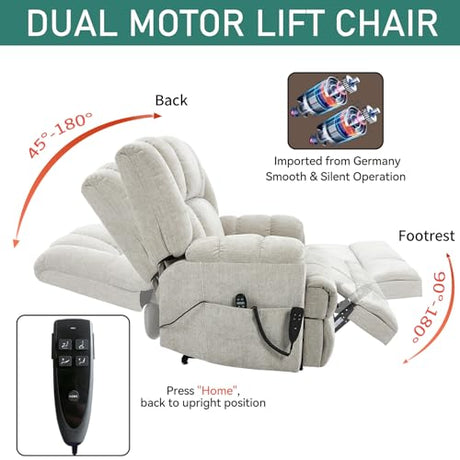 RHHVVR Power Lift Recliner Chair for Elderly, Oversized Chenille Electric Recliners Chairs for Living Room, Dual Motor 180° Lay Flat Recliner Big Sofa with Massage and Heating, Heavy-Duty, Beige RHHVVR