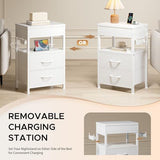 Nightstand Bedside Table Hidden Drawer - Night Stand with Charging Station and Sliding Top Storage, Bed Side Table with 2 Fabric Drawers, Modern Nightstand for Bedroom Dorm Living Room, White Lazzanto