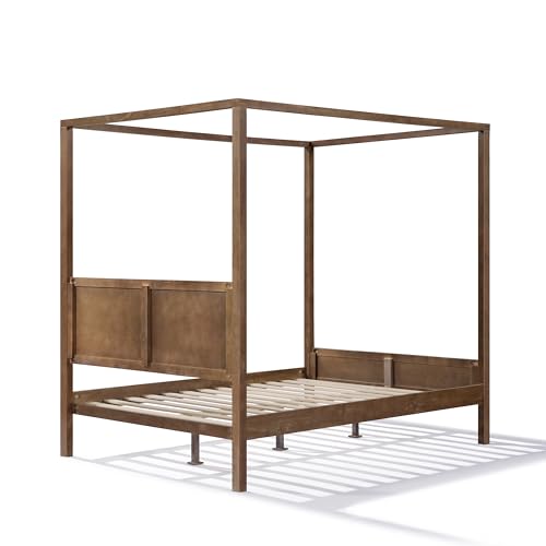 Christopher Knight Home Darnel Wooden Canopy Bed Frame Queen Size with Headboard, 4 Poster Platform Queen Bed Frame, Strong Wood Slat Mattress Support, No Box Spring Needed, Antique Natural
