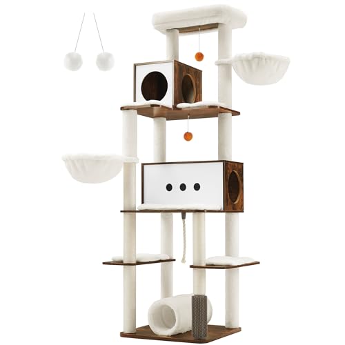 Feandrea Cat Tree, 77.5-Inch Tall Modern Cat Tower, Multi-Level Cat Condo with 2 Caves, 2 Baskets, 4 Scratching Posts, Self-Groomer, Tunnel, Perch, for Indoor Cats, Rustic Brown UPCT193X01 Feandrea