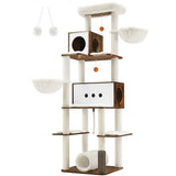 Feandrea Cat Tree, 77.5-Inch Tall Modern Cat Tower, Multi-Level Cat Condo with 2 Caves, 2 Baskets, 4 Scratching Posts, Self-Groomer, Tunnel, Perch, for Indoor Cats, Rustic Brown UPCT193X01 Feandrea