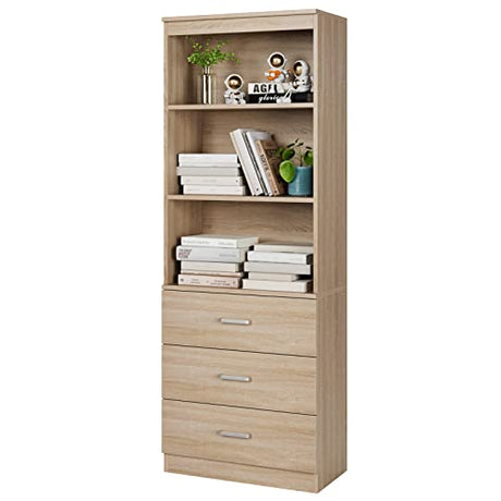 FOTOSOK 71-Inch Oak Storage Cabinet with 3 Drawers and Open Shelves for Home and Office FOTOSOK