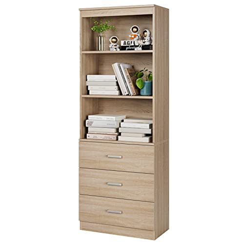 FOTOSOK 71-Inch Oak Storage Cabinet with 3 Drawers and Open Shelves for Home and Office - WoodArtSupply