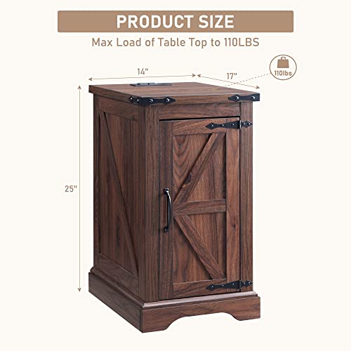 JXQTLINGMU Nightstand with Charging Station, Rectangular Farmhouse End Table with Barn Door and Adjustable Storage Shelf, 17" Deep Wood Rustic Sofa Side Table for Living Room, Bedroom, Brown JXQTLINGMU
