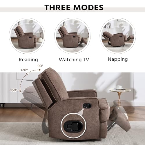 ANJ 360° Swivel Rocker Recliner Chair for Adults, Classic Manual Glider Recliners with Overstuffed Backrest, Upholstered Rocking Reclining Sofa Chair for Living Room, Brown