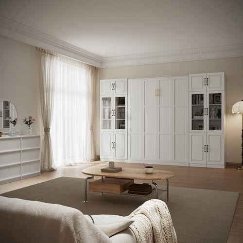 Bobve Farmhouse Murphy Bed Queen, 85" Wall Bed Folds to Save Space, Concealed Bed Frame with 2 Glass Storage Cabinets and Wall Mounted Features for Apartment/Office/Guest Room Bobve