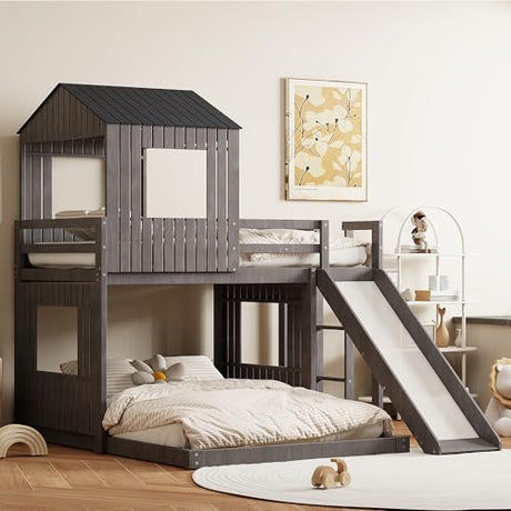 Harper & Bright Designs House Bunk Bed with Slide,Wood Twin Over Full Bunk Bed with Roof,Ladder & Safety Guardrail,Floor Bunk Loft Bed for Kids,Teens,No Box Spring Needed, Antique Grey Harper & Bright Designs