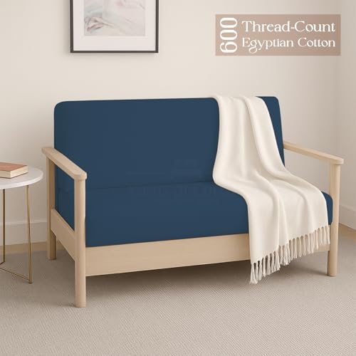Full Size Armless Futon Covers - 100% Egyptian Cotton Futon Slipcovers - Zippered Couch Cover Sofa Bed Protector, Sleeper Sofa Cover, Machine Washable, Medium Blue Yarns of Cotton
