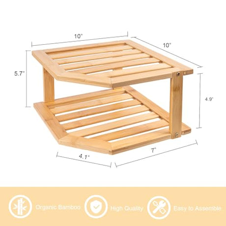 VERTORGAN Bamboo Corner Shelf,2 Tier Plate Organizer for Cabinet and Countertop,Pantry Dish and Spice Rack for Kitchen VERTORGAN