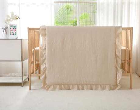 CLoucl Muslin Cotton 3-Piece Crib Bedding Set for Girls Boys,Ultra Breathable Soft Crib Comforter Set with Cute Ruffled Down Alternative Crib Comforter, Fitted Sheet, Pillowcase, All Season (Beige) CLoucl