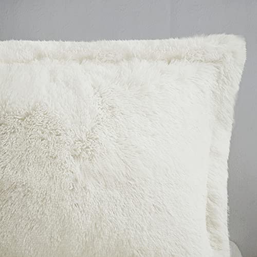 Intelligent Design Malea Shaggy Duvet with Quilted Box Design, Long Faux Fur Comforter Cover Cozy Bedding Set, Matching Shams, (Insert Not Included) Full/Queen, Ivory 3 Piece, 90x90 Intelligent Design