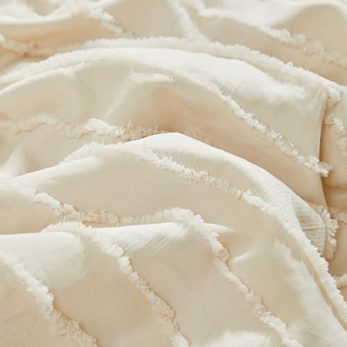 3 Pieces Tufted Stripes Crib Bedding Set with Ruffle Fringe, Beige Ruffled Comforter with Fitted Sheet and Bed Skirt , Soft and Embroidery Shabby Chic Boho Bohemian Jacquard Design for Baby Girls Boys Flysheep