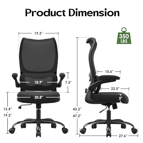SOMEET Office Chair Ergonomic Desk Chair - Comfy Mesh High Back Office Chair with Lumbar Support Wheel Home Desk Office Chairs Flip up Armrest Executive Rolling Swivel Task Computer Chair Black Silver SOMEET
