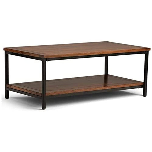 SIMPLIHOME Skyler SOLID MANGO WOOD and Metal 48 inch Wide Rectangle Modern Industrial Coffee Table in Dark Cognac Brown, for the Living Room and Family Room - WoodArtSupply