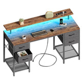 Huuger 55 inch Computer Desk with 4 Drawers, Gaming Desk with LED Lights & Power Outlets, Home Office Desk with Large Storage Space for Bedroom, Work from Home, Rustic Brown Huuger