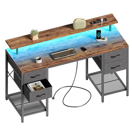 Huuger 55 inch Computer Desk with 4 Drawers, Gaming Desk with LED Lights & Power Outlets, Home Office Desk with Large Storage Space for Bedroom, Work from Home, Rustic Brown Huuger