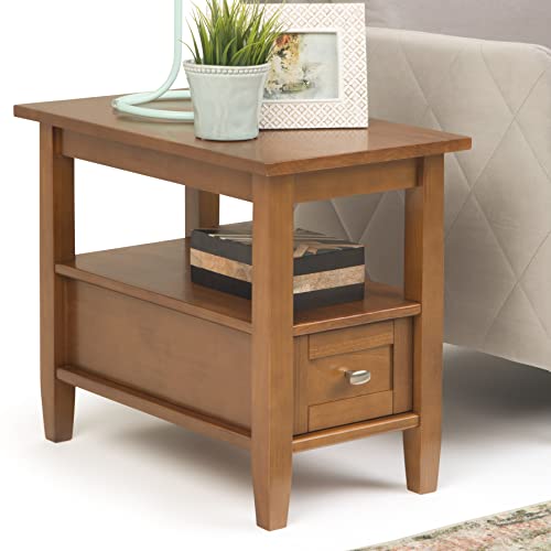 SIMPLIHOME Warm Shaker SOLID WOOD 14 inch wide Rectangle Rustic Narrow Side Table in Light Golden Brown with Storage, 1 Drawer and 1 Shelf, for the Living Room and Bedroom - WoodArtSupply