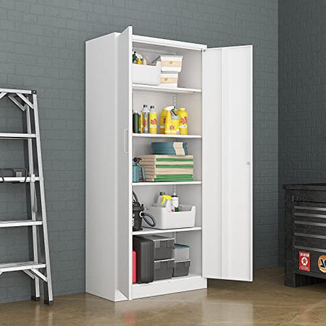 PEUKC Metal Garage Storage Cabinet, 71-inch Tall Storage Cabinet with Adjustable Shelves & Locking Doors, Tool Cabinets for Garage,Office,Home,School,Gym Storage (White) PEUKC
