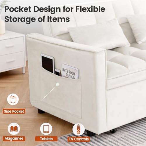 Trygoal Convertible Sofa Bed, Pull Out Couch with Side Pockets, 3 in 1 Velvet Fabric Loveseat Sleeper Sofa Bed, Pull Out Couch with Adjustable Backrest for Living Room, Bedroom, Apartment, White Trygoal