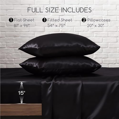 MR&HM Satin Sheets Full Size with Elastic Corner Straps, 4-Piece Silky Bedding Set, Deep Pocket 15 Inches, Good for Hair & Skin (Full, Black) MR&HM