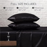 MR&HM Satin Sheets Full Size with Elastic Corner Straps, 4-Piece Silky Bedding Set, Deep Pocket 15 Inches, Good for Hair & Skin (Full, Black) MR&HM