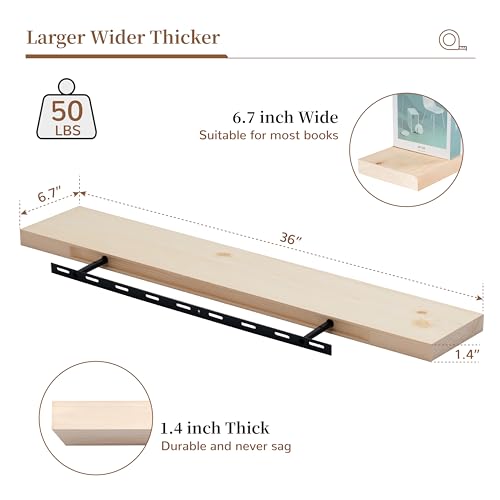 Marsmiles 36 Inch Floating Shelves Wood Unfinished, Natural Wooden Floating Shelves for Wall Set of 2, Solid Wood Wall Mounted Shelves for Bathroom Marsmiles