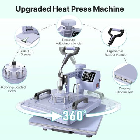Slendor 8 in 1 Heat Press Machine 15x15 inch 360-Degree Swing Away Digital T Shirt Pressing Machine Multifunction Heat Transfer Sublimation Combo for T Shirts Mugs Hat Plate Cap, Lavender Slendor