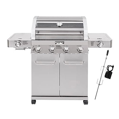 Monument Grills Larger 4-Burner Propane Gas Grills Stainless Steel Cabinet Style with Infrared Side Sear & Side Burners with Stainless Steel Rotisserie Kit(2 Items)