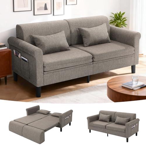 SEJOV 74" Convertible Sofa Bed, 5-in-1 Loveseat Sleeper Sofas with Pull Out Couch Bed, Storage Pockets & 2 Pillows, Modern Folding Linen Futon Couch for Living Room, Bedroom, Small Space, Brown SEJOV