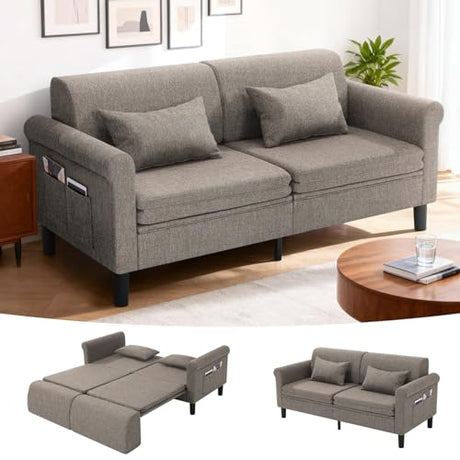 SEJOV 74" Convertible Sofa Bed, 5-in-1 Loveseat Sleeper Sofas with Pull Out Couch Bed, Storage Pockets & 2 Pillows, Modern Folding Linen Futon Couch for Living Room, Bedroom, Small Space, Brown SEJOV