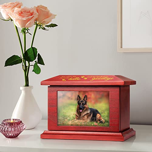 TJ. MOREE Pet Urns for Dog Ashes, Memorial Gifts for Loss of Cat, Personalized Wooden Cremation Urn with Photo Frame, Keepsake Memory Box with Black Flannel Bag for Pet up to 100 Pounds - WoodArtSupply