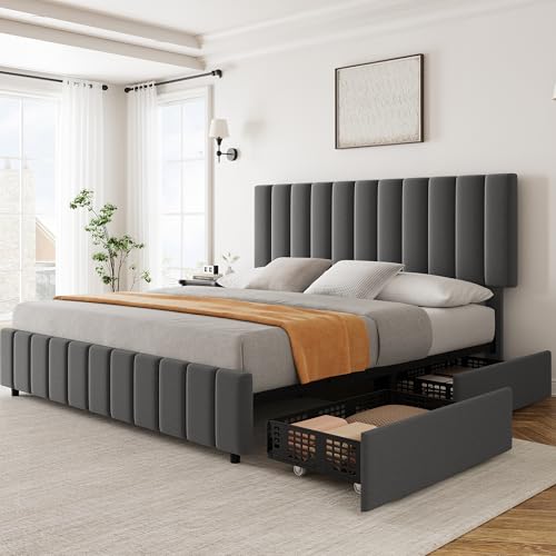 Garvee Full Size Bed Frame with 4 Storage Drawers, Adjustable Height Headboard, Linen Upholstered Platform Bed Frame, No Box Spring Needed, Easy Assembly, Grey Garvee