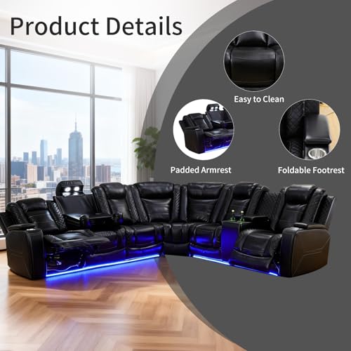 Daydo Sempli Power Reclining Sectional Sofa for Living Room,Modern L-Shaped Black Air Leather Sectional Couch Set,Recliner Sofa Set,with LED Lights,Cup Holder,Storage,Charging Ports,Home Theater Seat