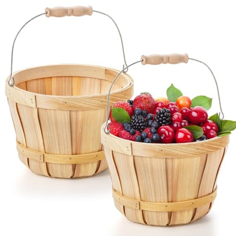 Okllen 2 Pack Round Wooden Baskets with Handle, Empty Wood Fruit Buckets, Fall Harvest Basket for Display Fruits Vegetables, Home Garden and Party Supplies, Natural Color Okllen