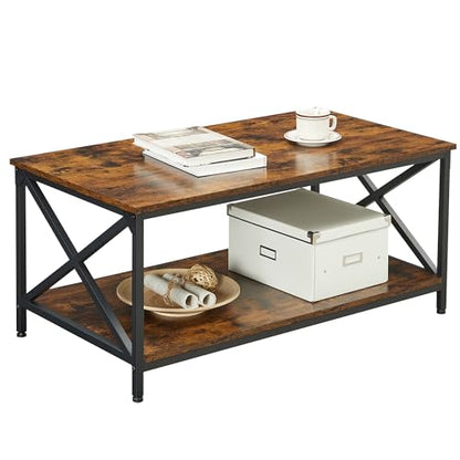 VASAGLE Coffee Table, Cocktail Table with Storage Shelf and X-Shape Steel Frame, Industrial Farmhouse Style, 39.4 x 21.7 x 17.7 Inches, Rustic Brown and Black ULCT200B01V1
