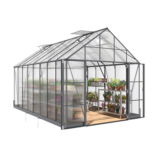 AMERLIFE 10x16x10 FT Polycarbonate Greenhouse Double Swing Doors 4 Vents 6.3FT Added Wall Height, Walk-in Large Aluminum Greenhouse Sunroom Winter Greenhouse for Outdoors, Black