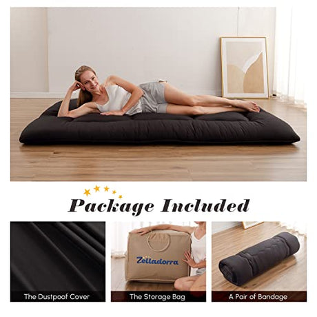 Zelladorra Japanese Floor Mattress, Futon Mattress with Portable Storage Bag and Washable Cover, Roll Up Thick Tatami Mat Suitable for Camping, Guest Room, Black, Twin Zelladorra