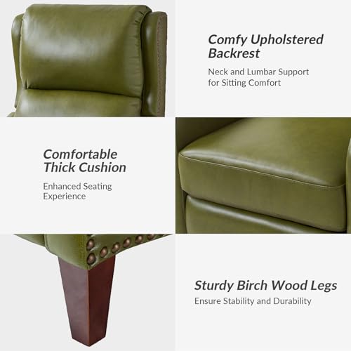 HULALA HOME Genuine Leather Recliner Chair, Modern Push Back Recliner Armchair with Thick Seat, Backrest & Footrest, Nailhead Decor for Living Room, Bedroom, Olive
