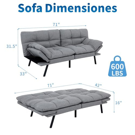 MUUEGM Futon Sofa Bed, 71" Convertible Linen Memory Foam Couch Bed, Modern Backrests Armrests Love Seat for Living Room,Apartment,Office,Light Grey Sleeper Couch MUUEGM