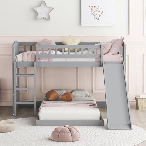 LZ LEISURE ZONE Twin Over Twin Bunk Bed, Wood Bunk Bed with Slide and Ladder, Gray LZ LEISURE ZONE