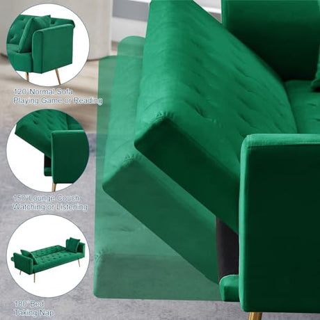 71.65'' Convertible Sofa Bed Modern Futon Set, Velvet Foldable Reclining Loveseat, Three Adjustment Angles,Mid Century Modern Couches for Living Room/Bedroom/Apartment, Easy Assembly,Green Meqiodas