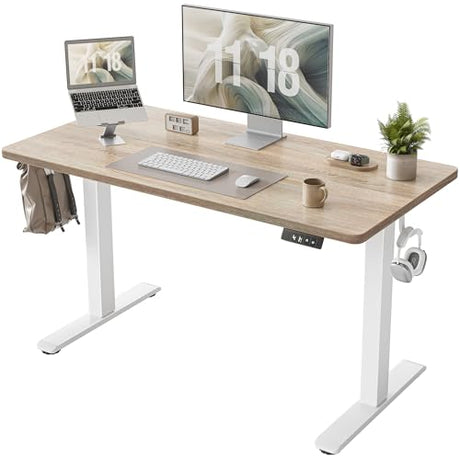 TIQLAB Standing Desk 47 x 24 inch, Electric Height Adjustable Desk with Splice Board, Stand Up Desk with Casters, Sit Stand Desk Computer Desk for Home Office, White Frame/Maple Top TIQLAB