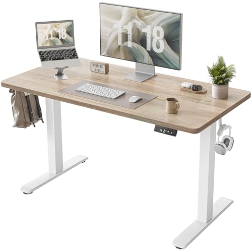 TIQLAB Standing Desk 47 x 24 inch, Electric Height Adjustable Desk with Splice Board, Stand Up Desk with Casters, Sit Stand Desk Computer Desk for Home Office, White Frame/Maple Top - WoodArtSupply