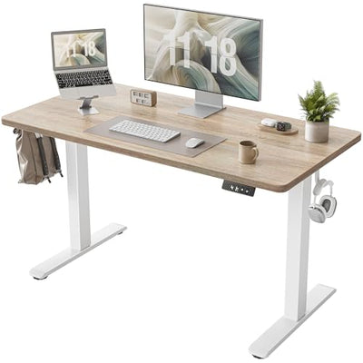 TIQLAB Standing Desk 47 x 24 inch, Electric Height Adjustable Desk with Splice Board, Stand Up Desk with Casters, Sit Stand Desk Computer Desk for Home Office, White Frame/Maple Top